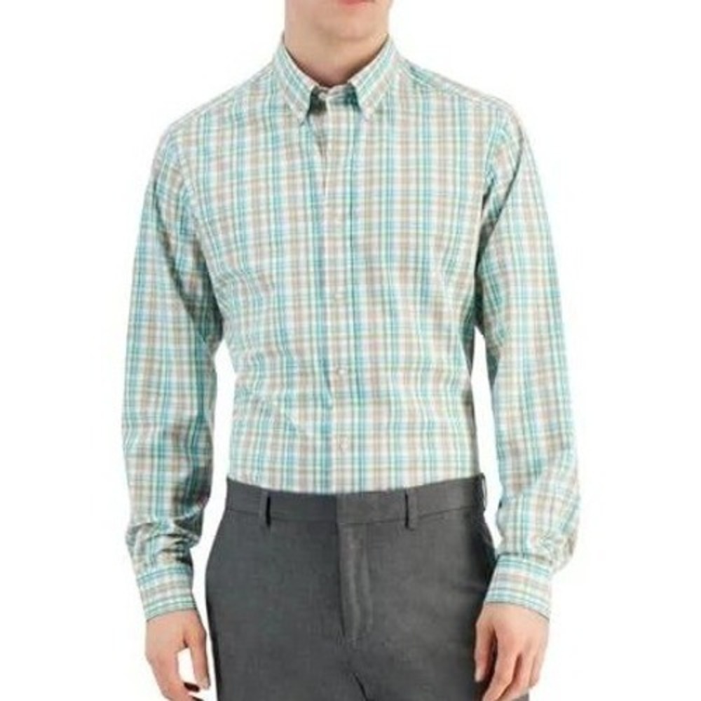 NWT Club Room Men's 15.5 32-33 Regular Fit Dress Shirt Mint Plaid Cotton Blend